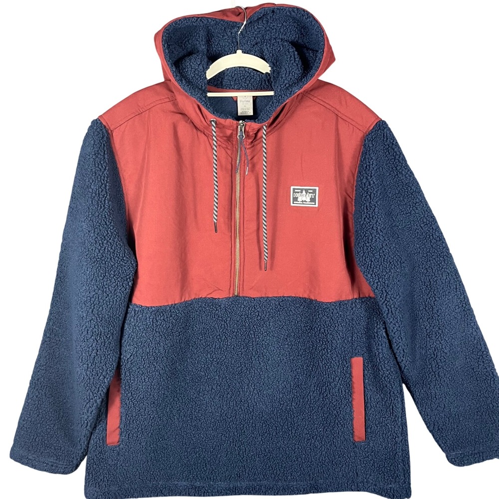 Hurley Sherpa Fleece Hoodie Mens XL Red Navy Blue Quarter Zip Pullover Hooded
